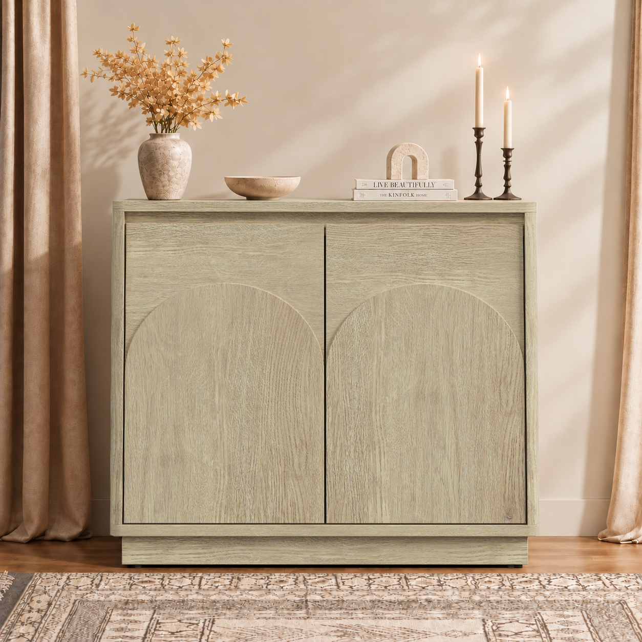 Arched 2-Door Cabinet, Natural Oak