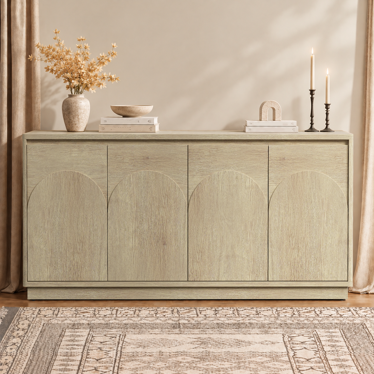 Arched 4-Door Cabinet, Natural Oak